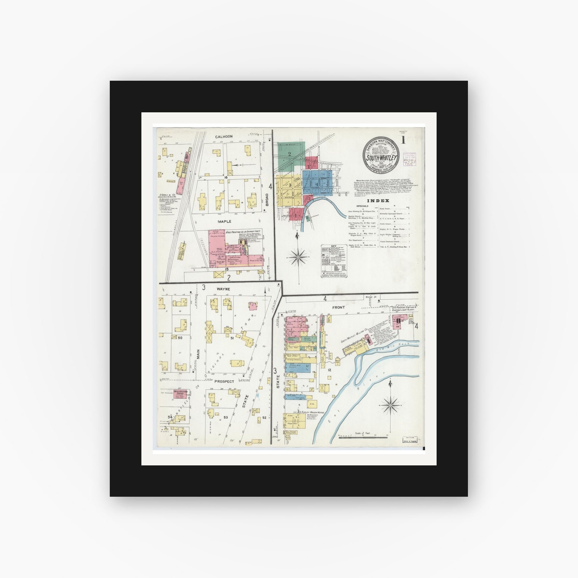 Old map wall art mockup — black gallery frame with white mat — Sanborn Fire Insurance Map from South Whitley, Whitley County, Indiana (1907) - Complete Map Set