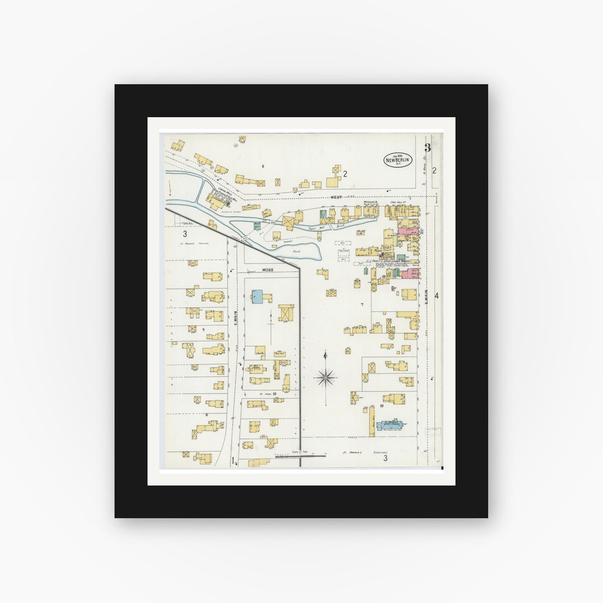 Old map wall art mockup — black gallery frame with white mat — Sanborn Fire Insurance Map from New Berlin, Chenango County, New York (1899), Sheet #0003