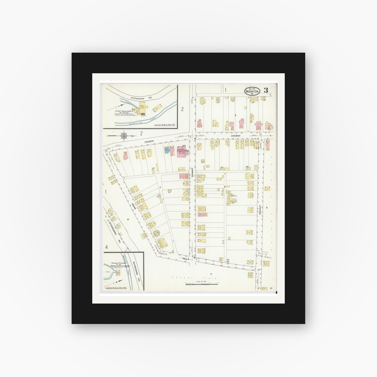 Old map wall art mockup — black gallery frame with white mat — Sanborn Fire Insurance Map from Mohnton, Berks County, Pennsylvania (1912), Sheet #0003