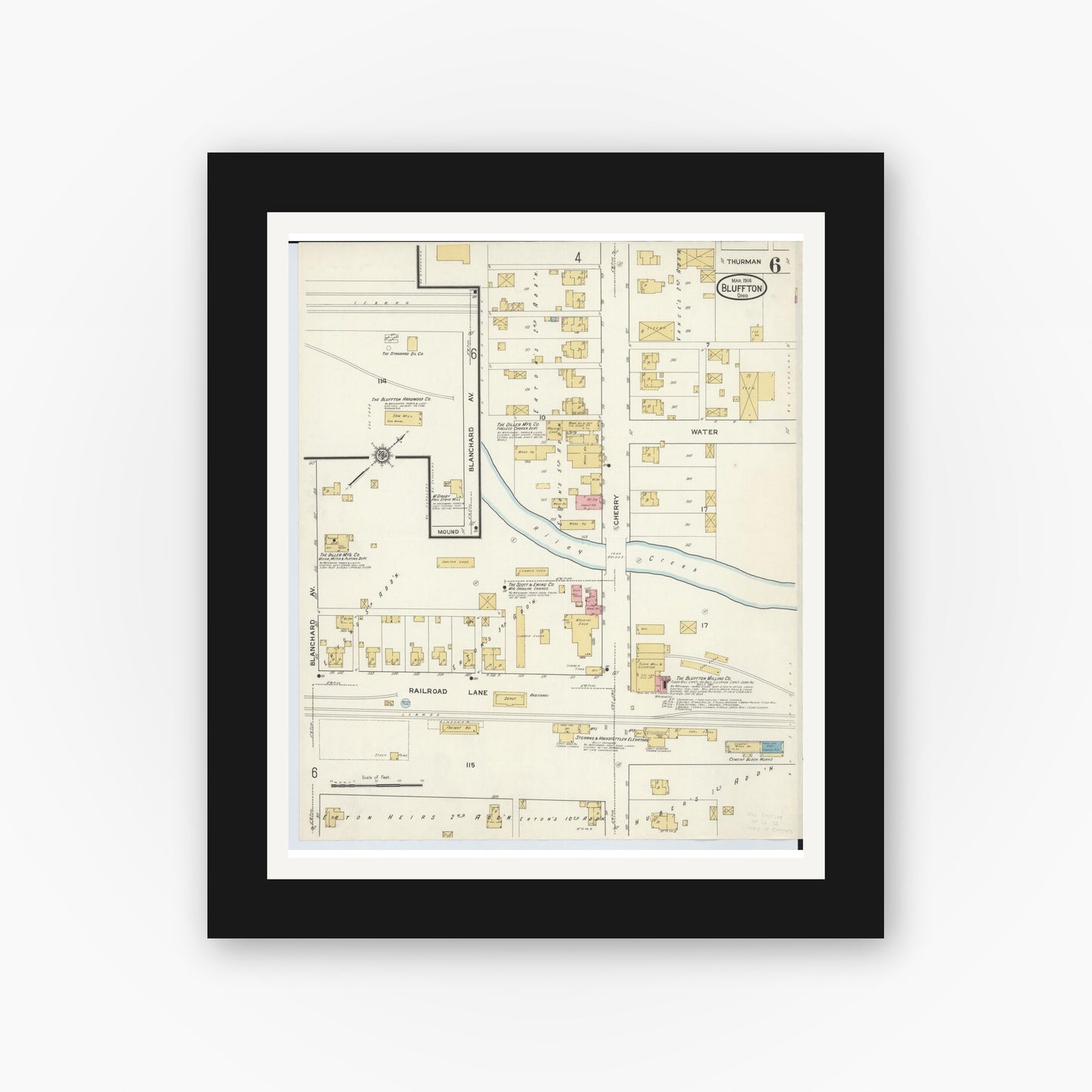 Old map wall art mockup — black gallery frame with white mat — Sanborn Fire Insurance Map from Bluffton, Allen County, Ohio (1916), Sheet #0006