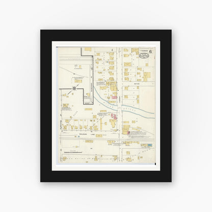 Old map wall art mockup — black gallery frame with white mat — Sanborn Fire Insurance Map from Bluffton, Allen County, Ohio (1916), Sheet #0006