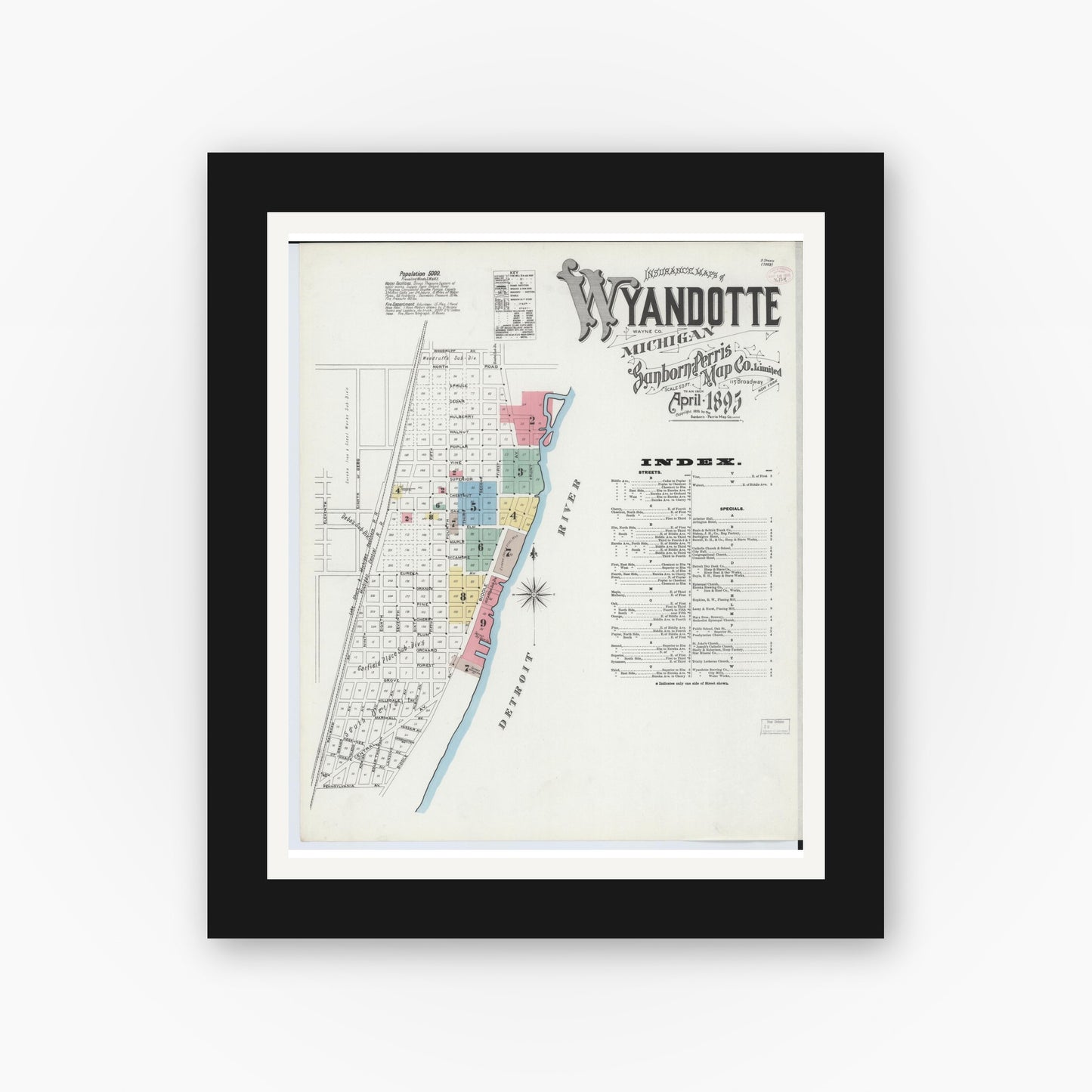 Old map wall art mockup — black gallery frame with white mat — Sanborn Fire Insurance Map from Wyandotte, Wayne County, Michigan (1895) - Complete Map Set