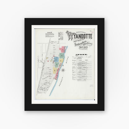 Old map wall art mockup — black gallery frame with white mat — Sanborn Fire Insurance Map from Wyandotte, Wayne County, Michigan (1895) - Complete Map Set