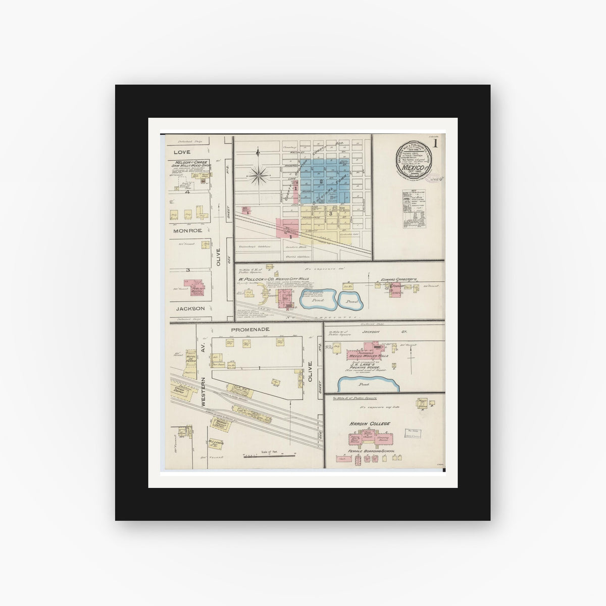 Old map wall art mockup — black gallery frame with white mat — Sanborn Fire Insurance Map from Mexico, Audrain County, Missouri (1885), Sheet #0001