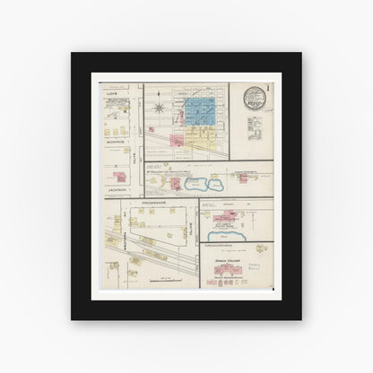 Old map wall art mockup — black gallery frame with white mat — Sanborn Fire Insurance Map from Mexico, Audrain County, Missouri (1885), Sheet #0001