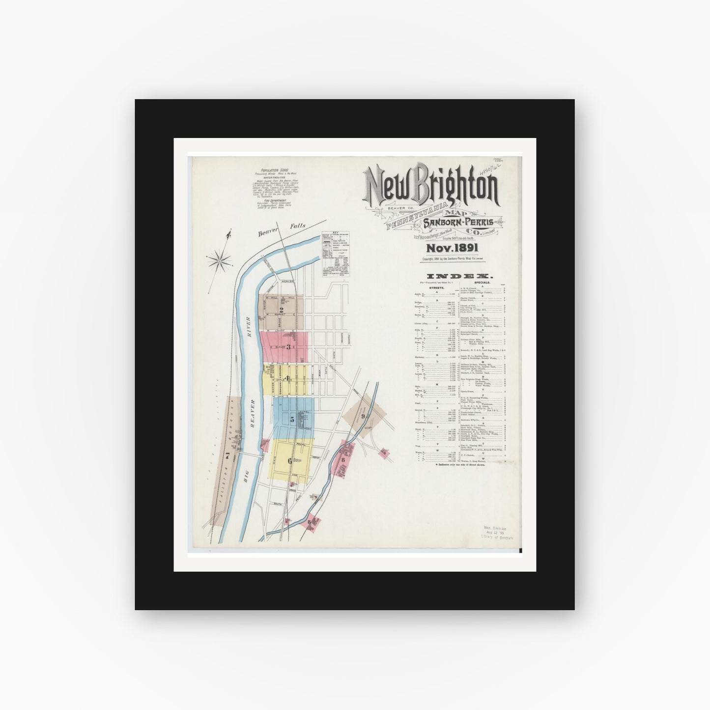 Old map wall art mockup — black gallery frame with white mat — Sanborn Fire Insurance Map from New Brighton, Beaver County, Pennsylvania (1891) - Complete Map Set