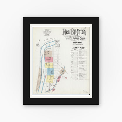 Old map wall art mockup — black gallery frame with white mat — Sanborn Fire Insurance Map from New Brighton, Beaver County, Pennsylvania (1891) - Complete Map Set