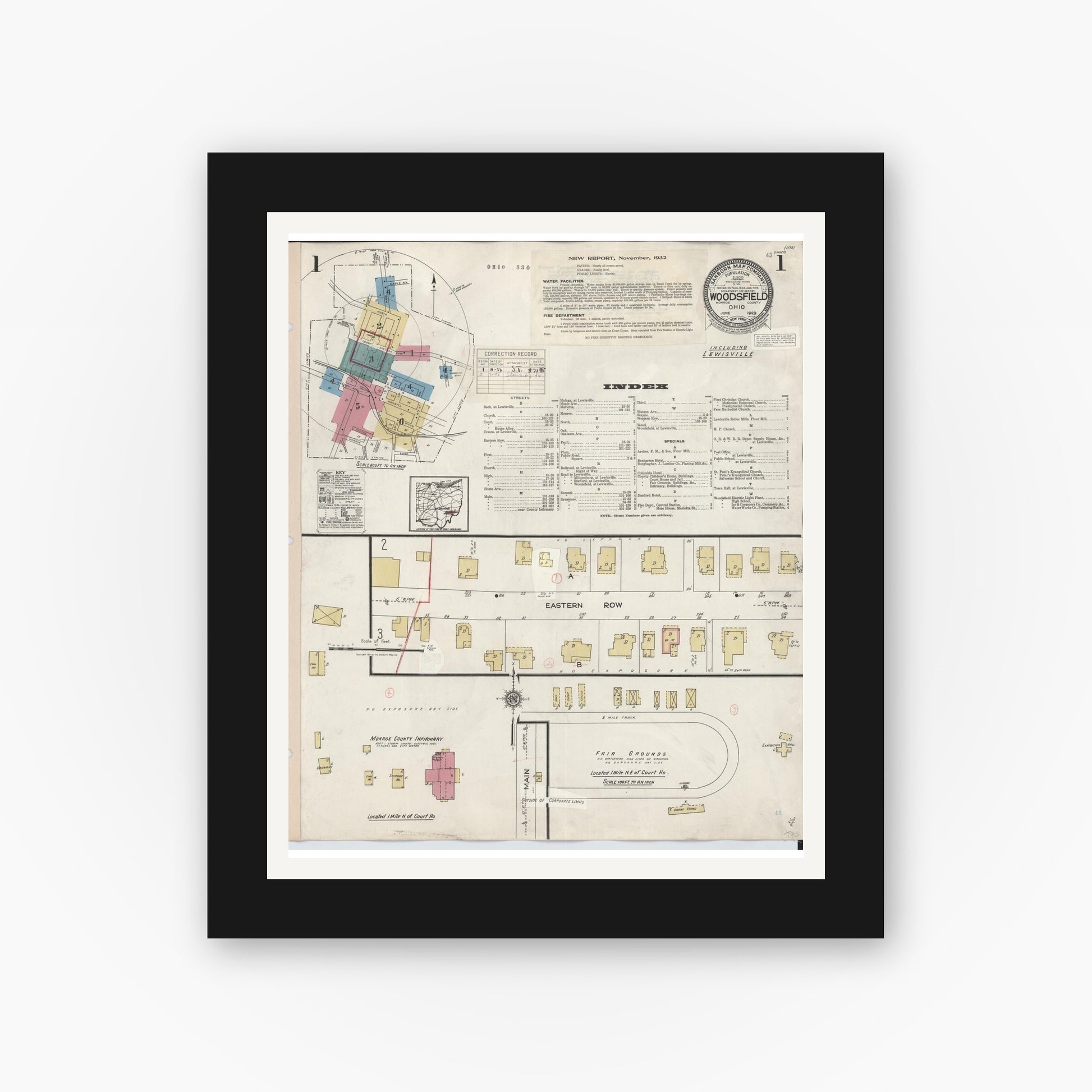 Old map wall art mockup — black gallery frame with white mat — Sanborn Fire Insurance Map from Woodsfield, Monroe County, Ohio (1949) - Complete Map Set