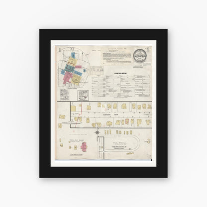Old map wall art mockup — black gallery frame with white mat — Sanborn Fire Insurance Map from Woodsfield, Monroe County, Ohio (1949) - Complete Map Set