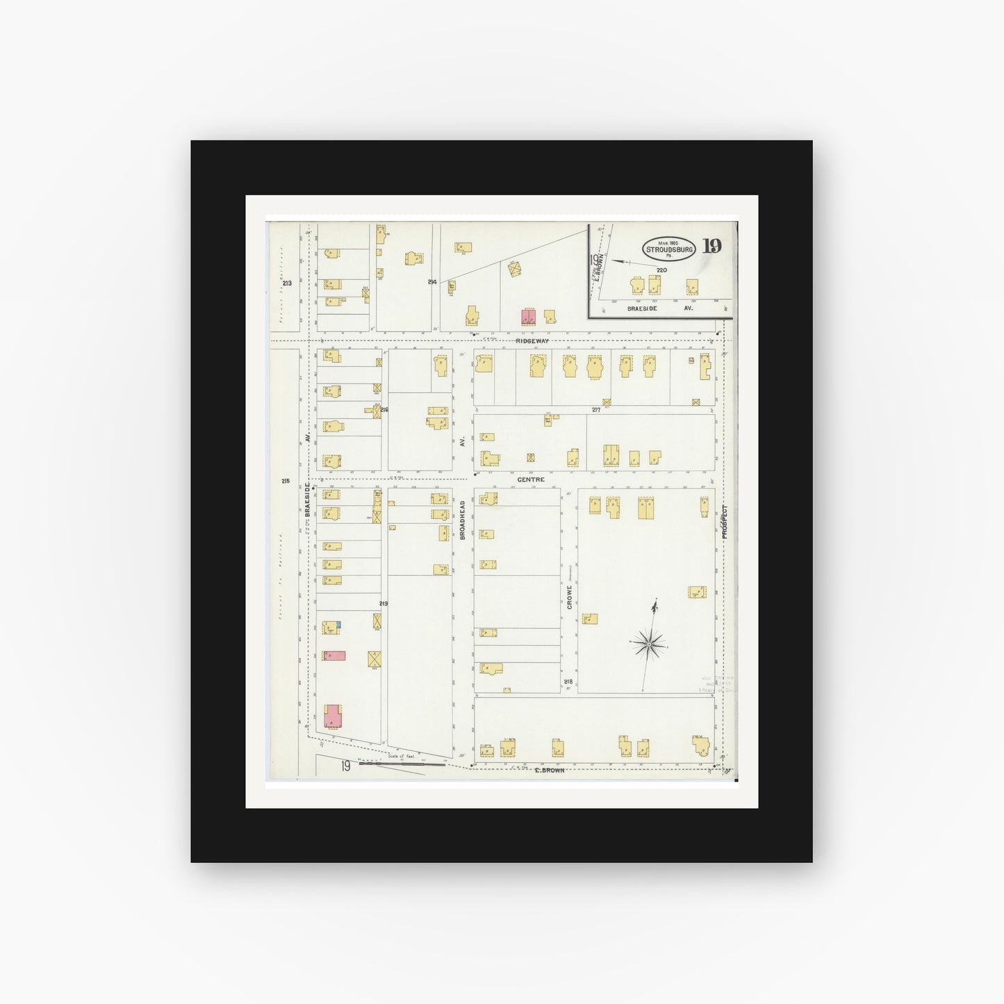 Old map wall art mockup — black gallery frame with white mat — Sanborn Fire Insurance Map from Stroudsburg, Monroe County, Pennsylvania (1905), Sheet #0019