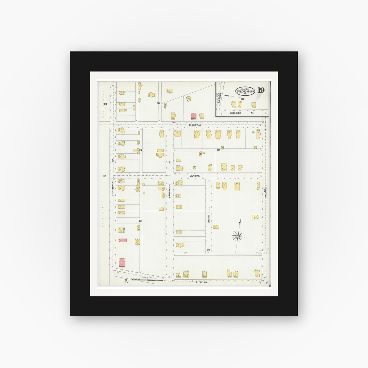 Old map wall art mockup — black gallery frame with white mat — Sanborn Fire Insurance Map from Stroudsburg, Monroe County, Pennsylvania (1905), Sheet #0019