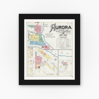 Old map wall art mockup — black gallery frame with white mat — Sanborn Fire Insurance Map from Aurora, Dearborn County, Indiana (1892), Sheet #0001
