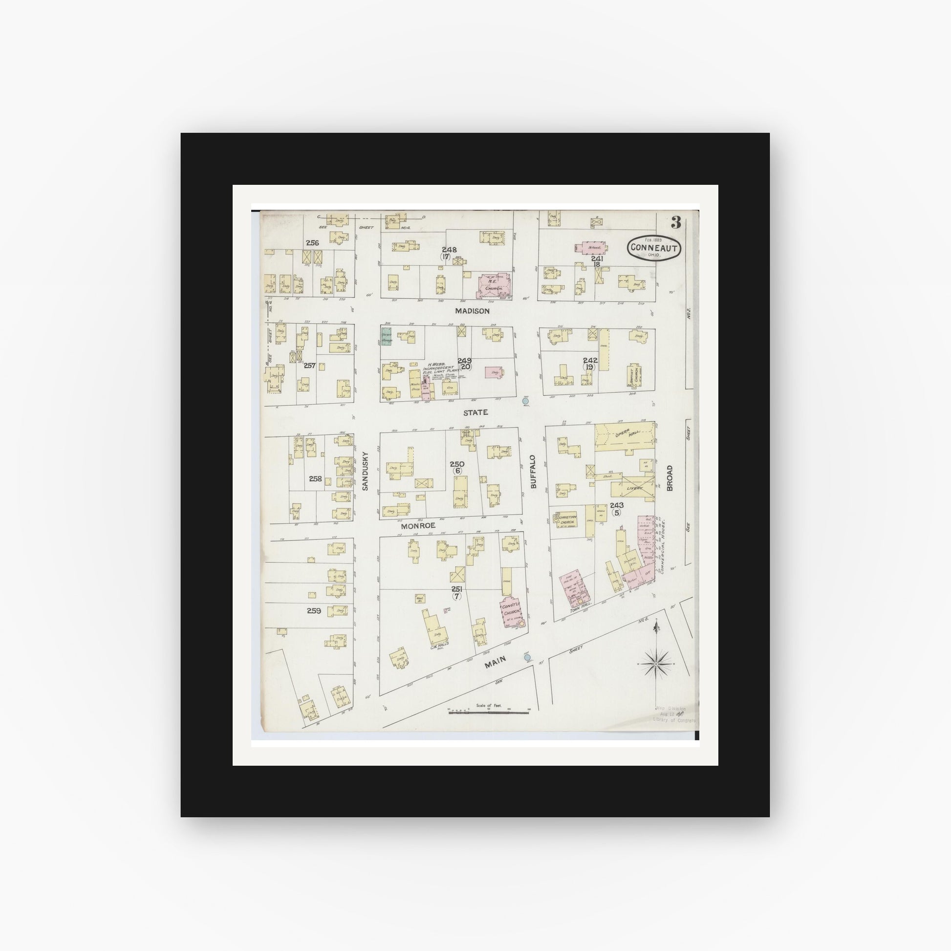 Old map wall art mockup — black gallery frame with white mat — Sanborn Fire Insurance Map from Conneaut, Ashtabula County, Ohio (1889), Sheet #0003
