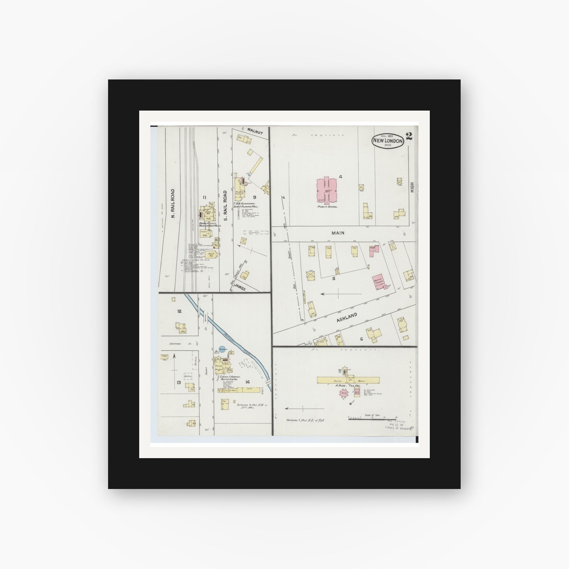 Old map wall art mockup — black gallery frame with white mat — Sanborn Fire Insurance Map from New London, Huron County, Ohio (1889), Sheet #0002