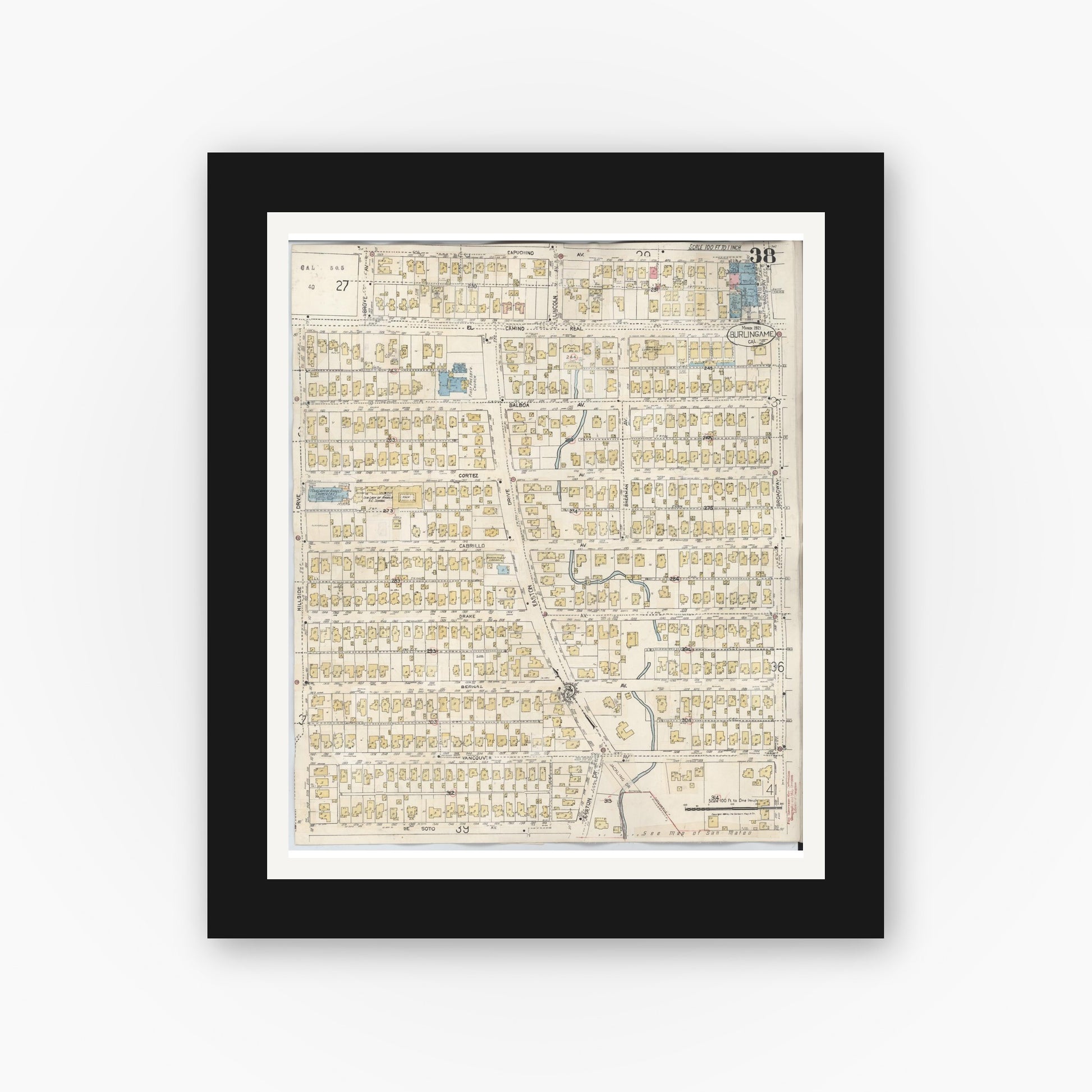 Old map wall art mockup — black gallery frame with white mat — Sanborn Fire Insurance Map from Burlingame, San Mateo County, California (1949), Sheet #0038
