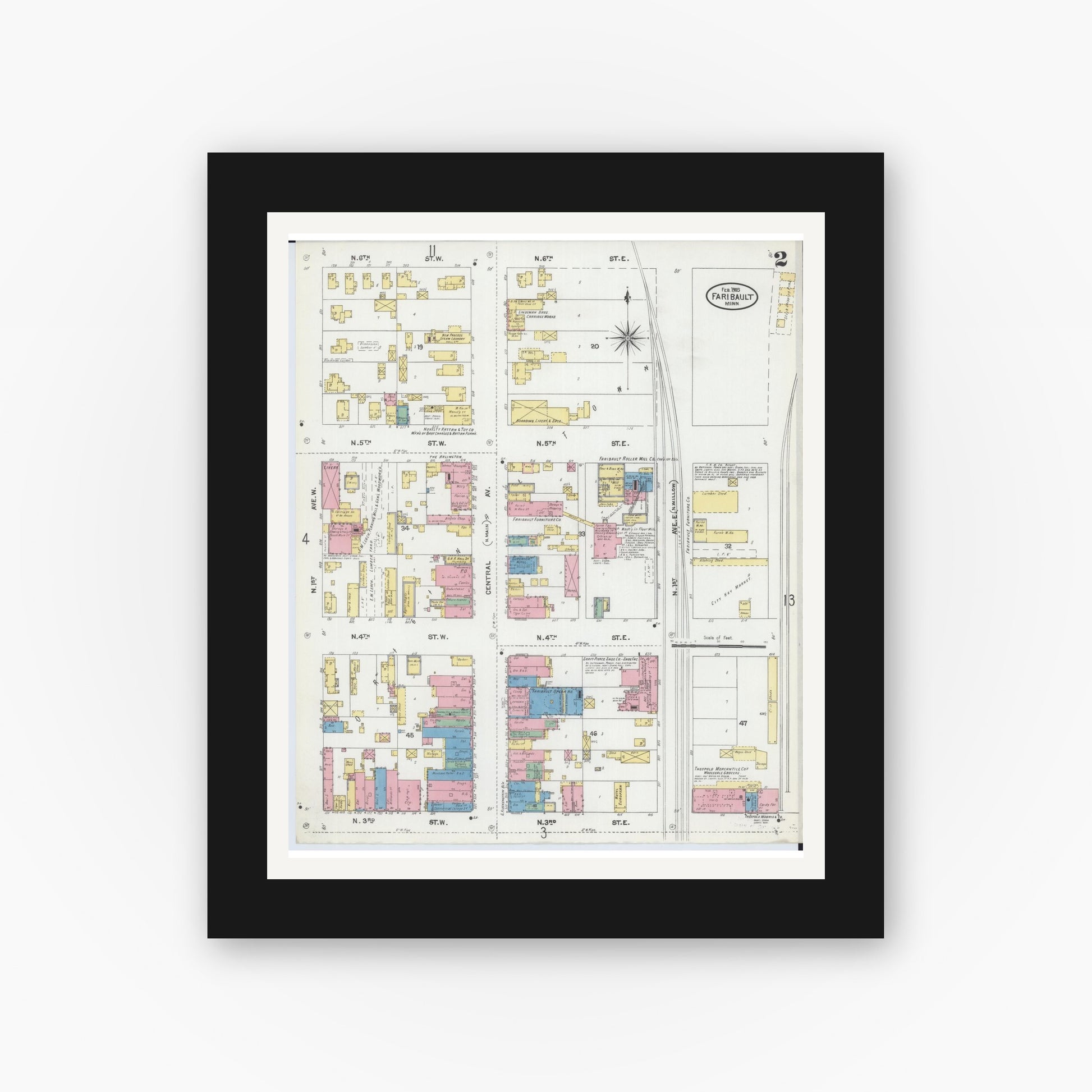 Old map wall art mockup — black gallery frame with white mat — Sanborn Fire Insurance Map from Faribault, Rice County, Minnesota (1905), Sheet #0002