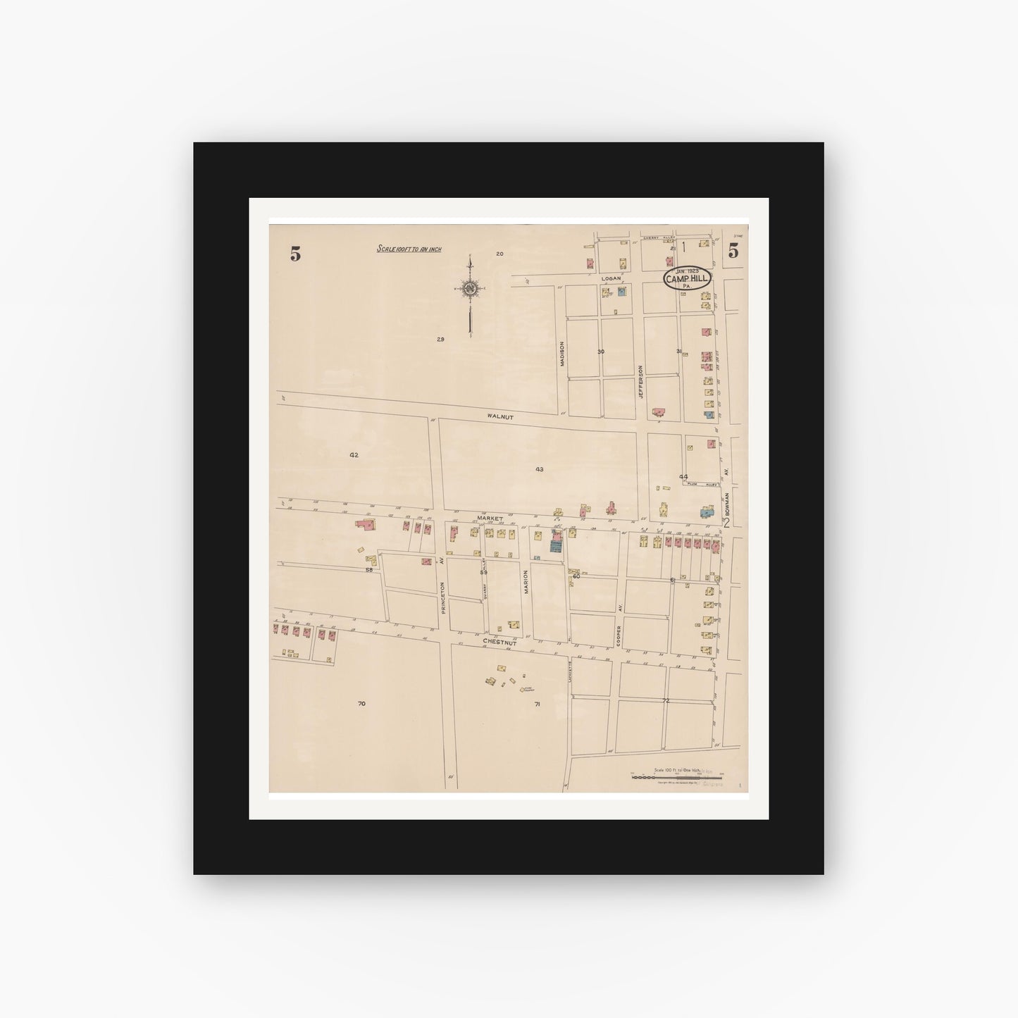 Old map wall art mockup — black gallery frame with white mat — Sanborn Fire Insurance Map from Camp Hill, Cumberland County, Pennsylvania (1923), Sheet #0005