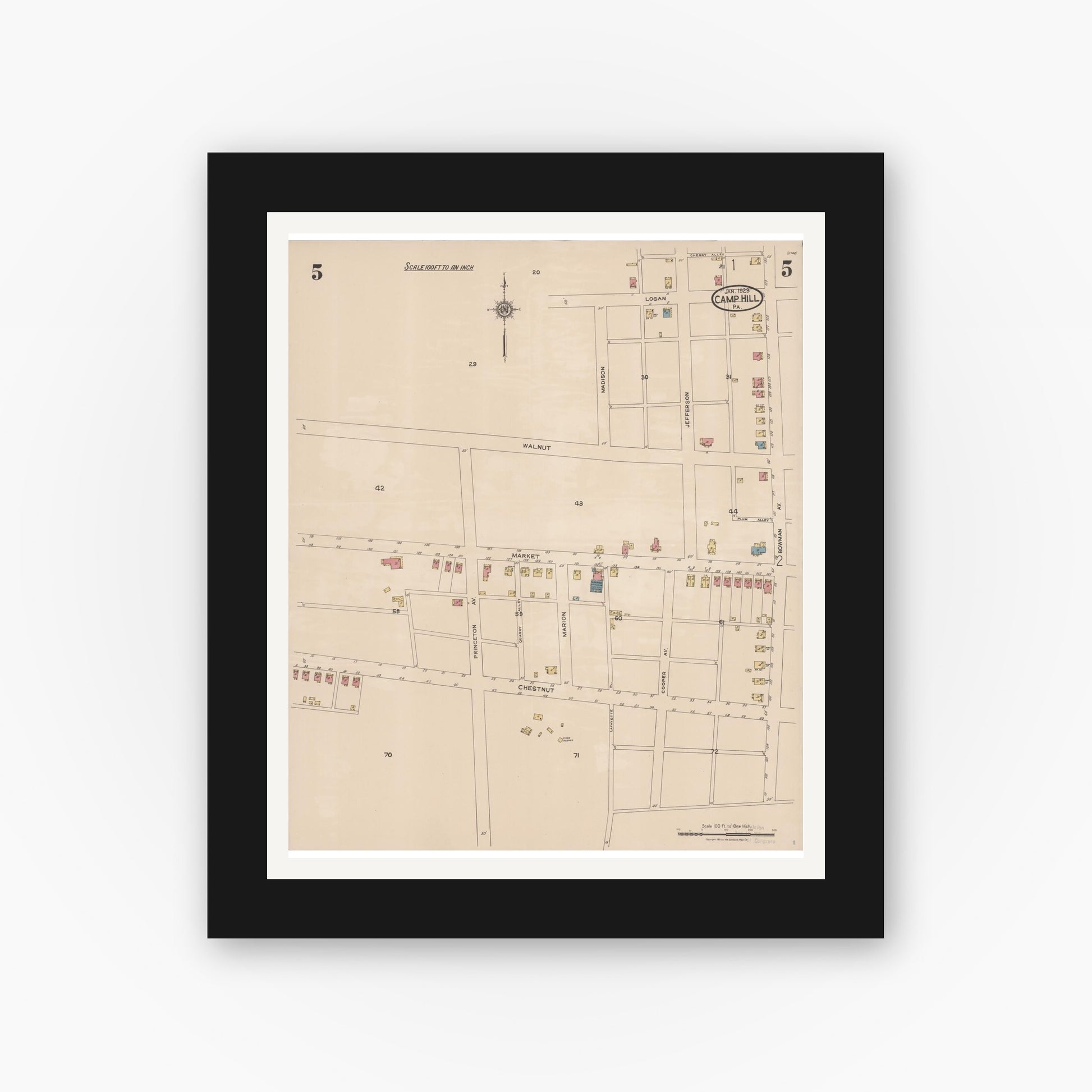 Old map wall art mockup — black gallery frame with white mat — Sanborn Fire Insurance Map from Camp Hill, Cumberland County, Pennsylvania (1923), Sheet #0005