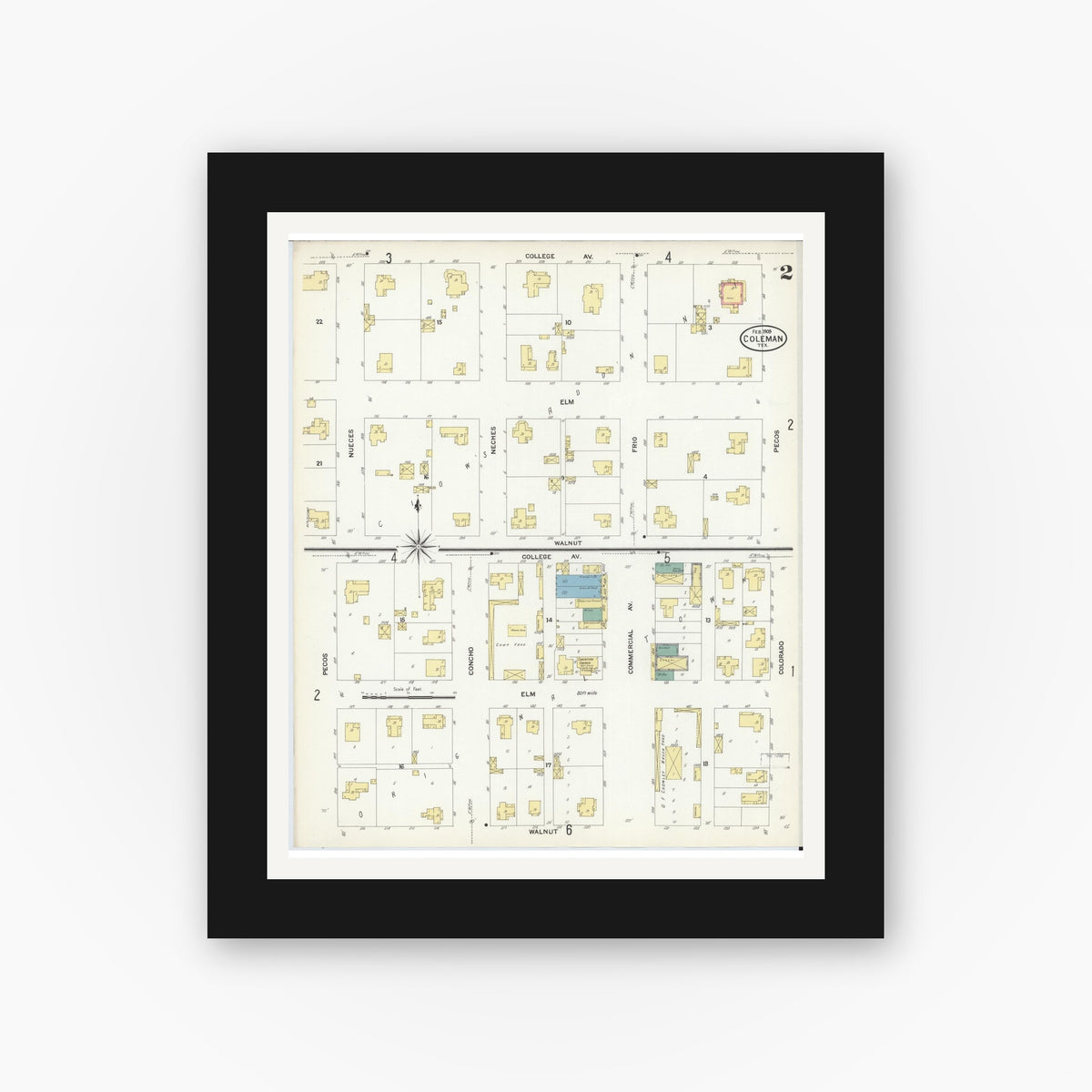 Old map wall art mockup — black gallery frame with white mat — Sanborn Fire Insurance Map from Coleman, Coleman County, Texas (1909), Sheet #0002