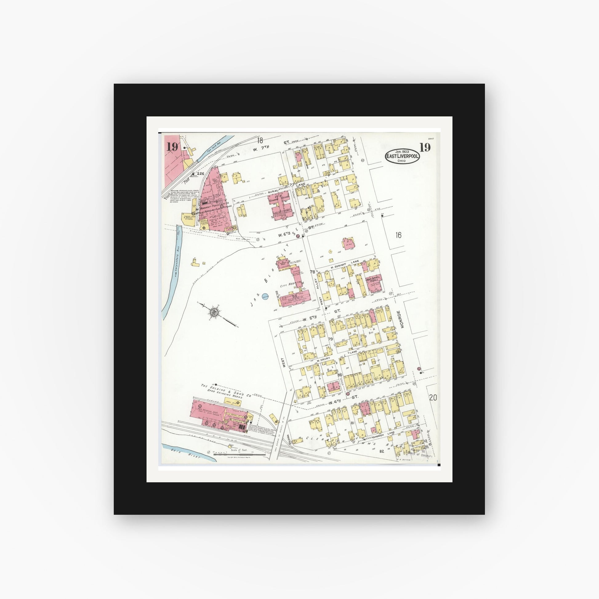 Old map wall art mockup — black gallery frame with white mat — Sanborn Fire Insurance Map from East Liverpool, Columbiana County, Ohio (1923), Sheet #0019