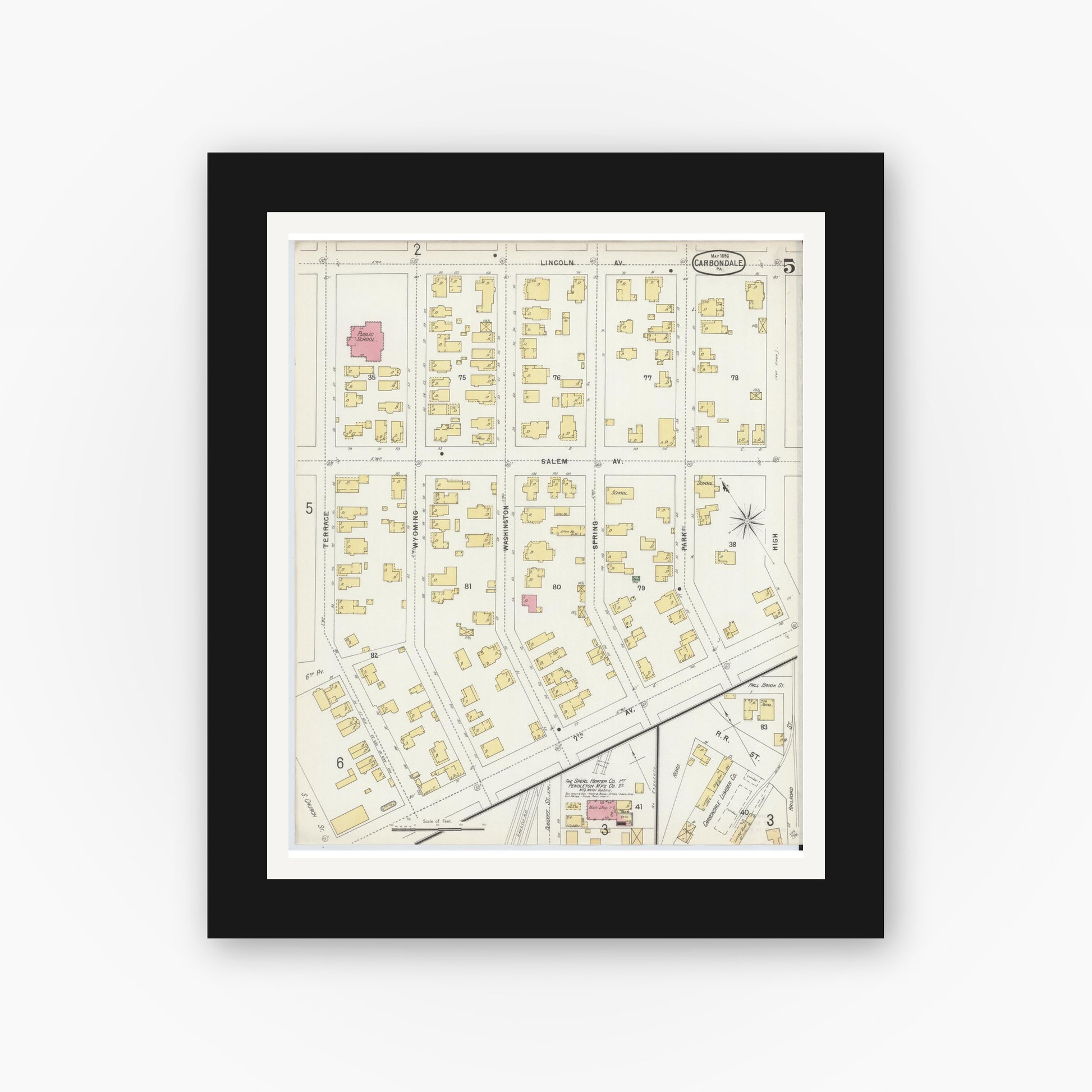 Old map wall art mockup — black gallery frame with white mat — Sanborn Fire Insurance Map from Carbondale, Lackawanna County, Pennsylvania (1896), Sheet #0005