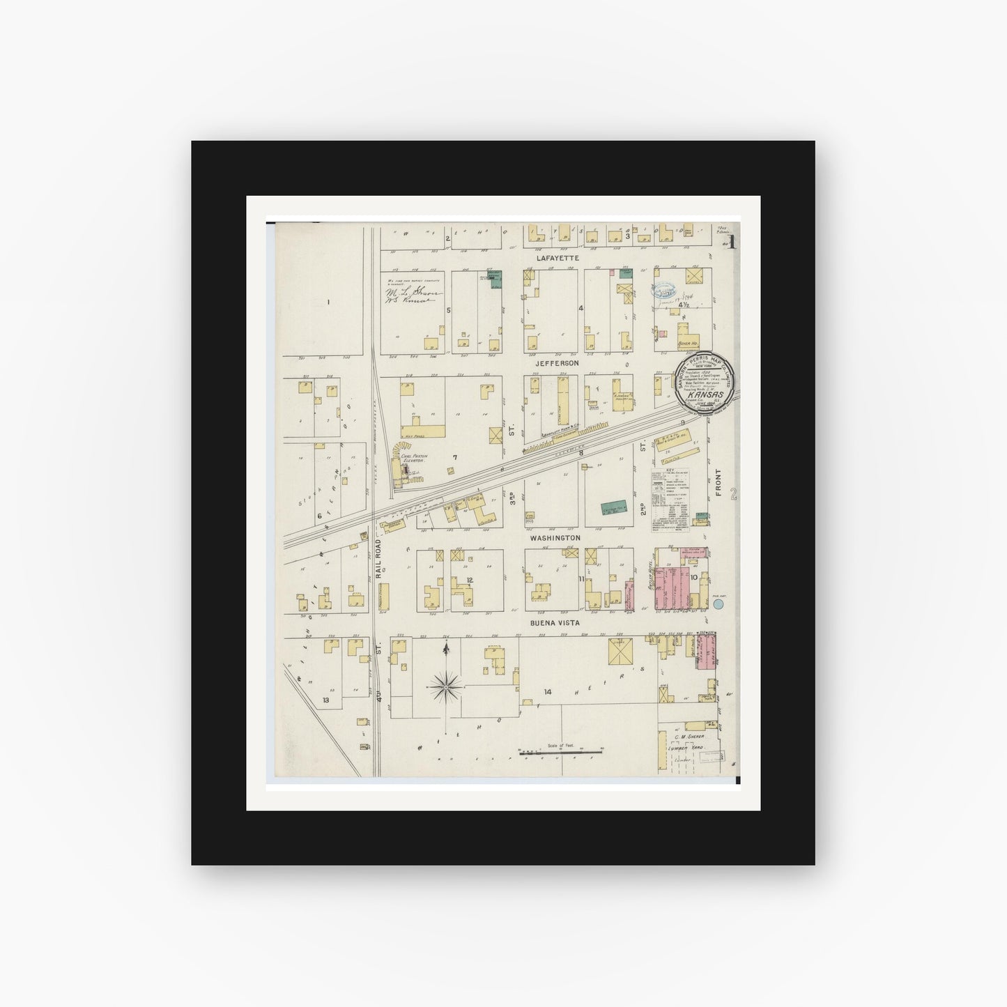 Old map wall art mockup — black gallery frame with white mat — Sanborn Fire Insurance Map from Kansas, Edgar County, Illinois (1894), Sheet #0001