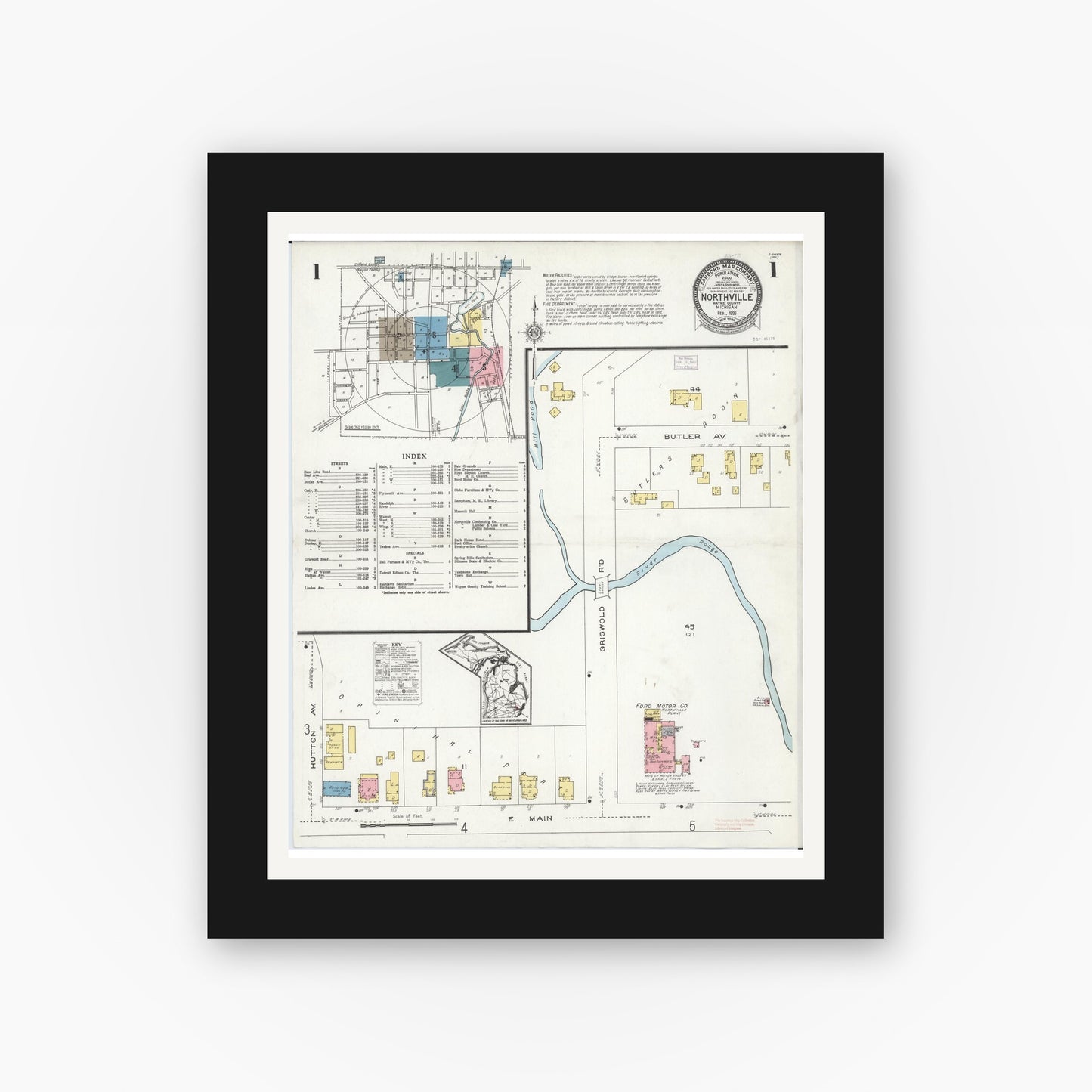 Old map wall art mockup — black gallery frame with white mat — Sanborn Fire Insurance Map from Northville, Wayne County, Michigan (1926), Sheet #0001