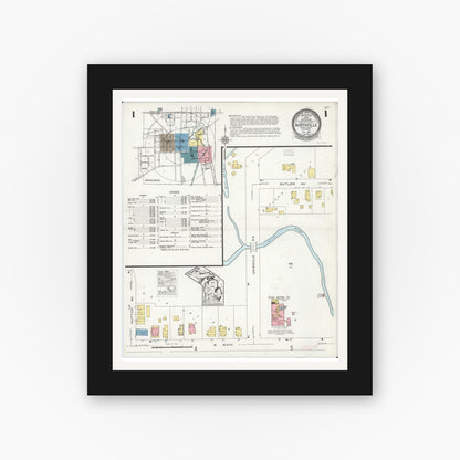 Old map wall art mockup — black gallery frame with white mat — Sanborn Fire Insurance Map from Northville, Wayne County, Michigan (1926), Sheet #0001