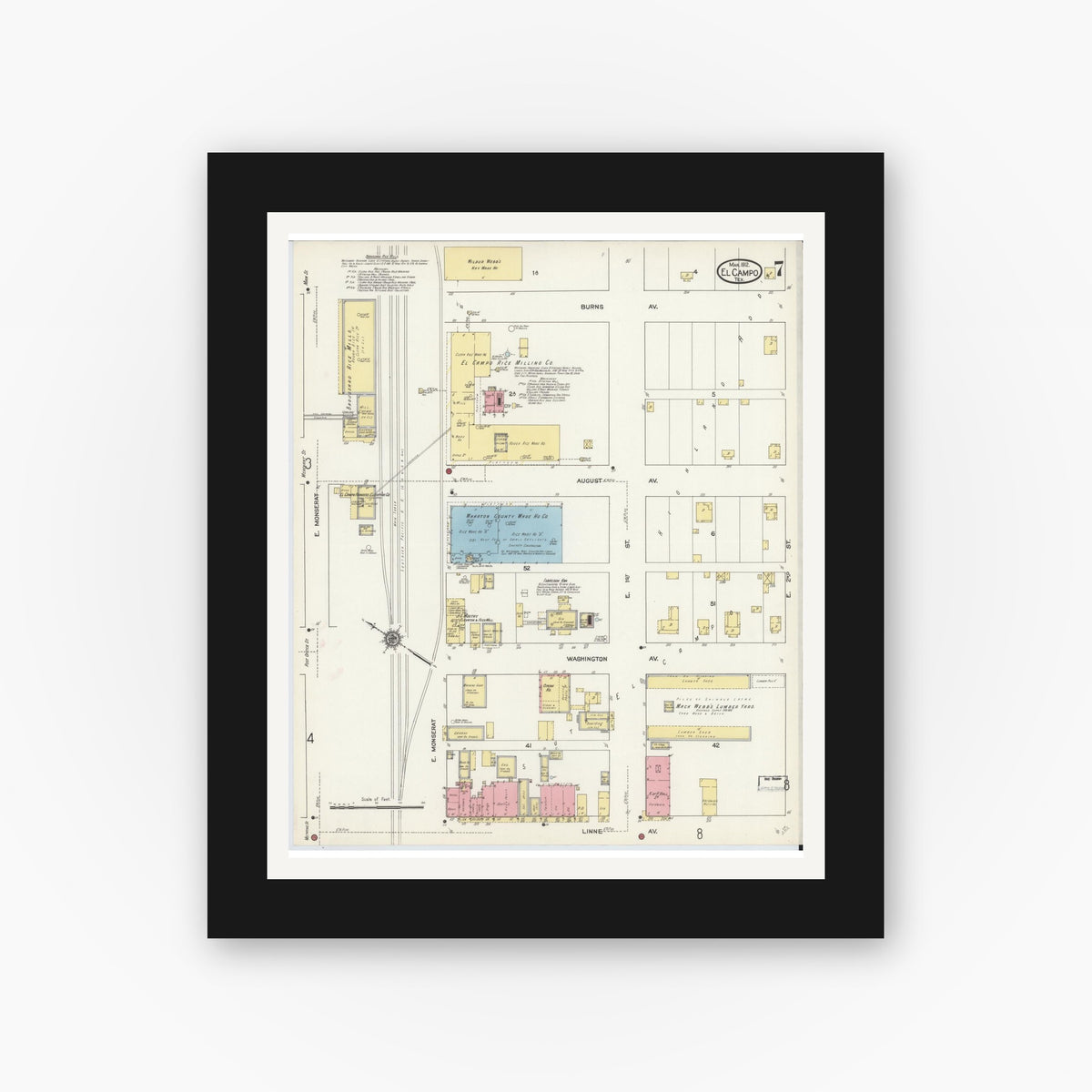 Old map wall art mockup — black gallery frame with white mat — Sanborn Fire Insurance Map from El Campo, Wharton County, Texas (1912), Sheet #0007