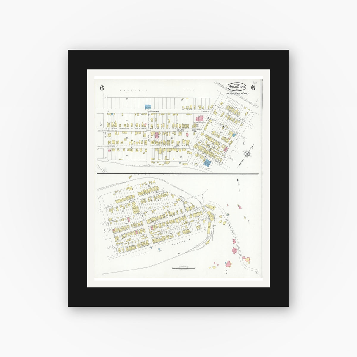 Old map wall art mockup — black gallery frame with white mat — Sanborn Fire Insurance Map from Mauch Chunk, Carbon County, Pennsylvania (1930), Sheet #0006