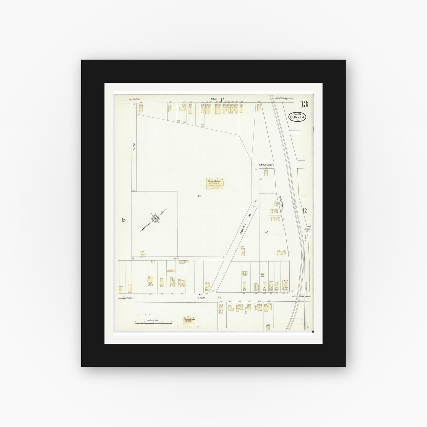 Old map wall art mockup — black gallery frame with white mat — Sanborn Fire Insurance Map from Duryea, Luzerne County, Pennsylvania (1914), Sheet #0013
