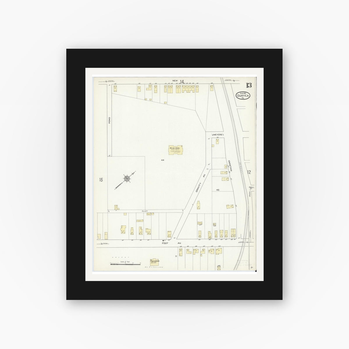 Old map wall art mockup — black gallery frame with white mat — Sanborn Fire Insurance Map from Duryea, Luzerne County, Pennsylvania (1914), Sheet #0013