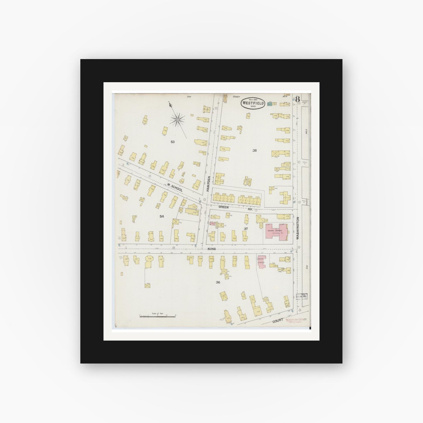 Old map wall art mockup — black gallery frame with white mat — Sanborn Fire Insurance Map from Westfield, Hampden County, Massachusetts (1889), Sheet #0008