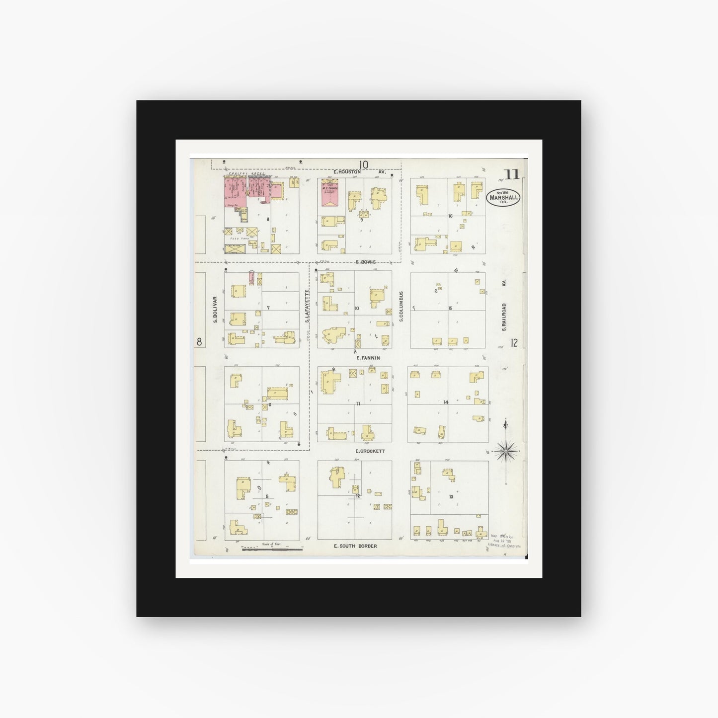 Old map wall art mockup — black gallery frame with white mat — Sanborn Fire Insurance Map from Marshall, Harrison County, Texas (1899), Sheet #0011