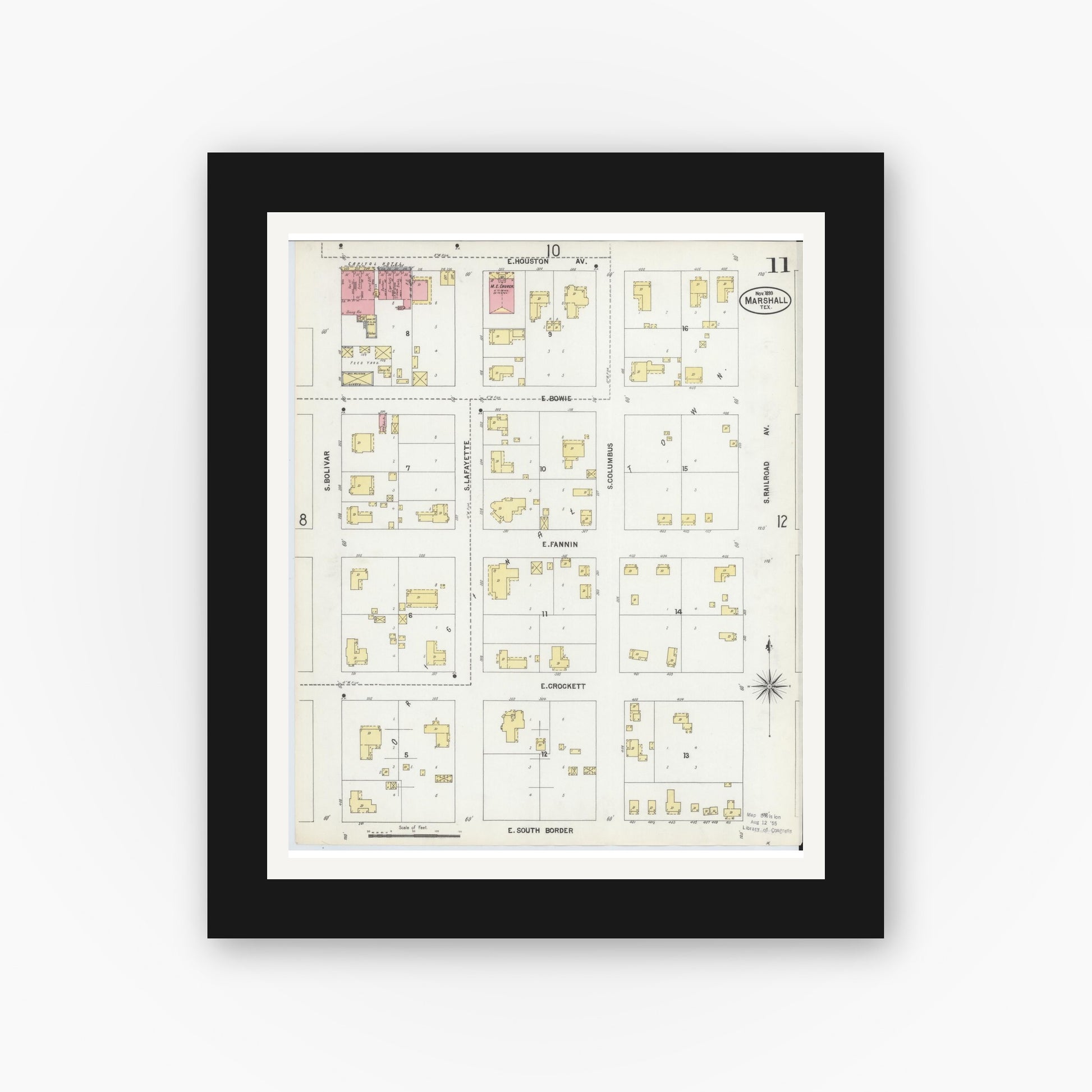 Old map wall art mockup — black gallery frame with white mat — Sanborn Fire Insurance Map from Marshall, Harrison County, Texas (1899), Sheet #0011