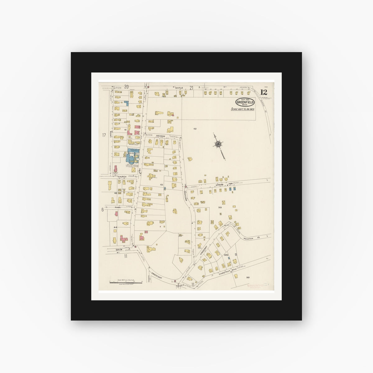 Old map wall art mockup — black gallery frame with white mat — Sanborn Fire Insurance Map from Greenfield, Franklin County, Massachusetts (1922), Sheet #0012