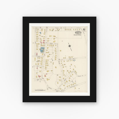 Old map wall art mockup — black gallery frame with white mat — Sanborn Fire Insurance Map from Greenfield, Franklin County, Massachusetts (1922), Sheet #0012