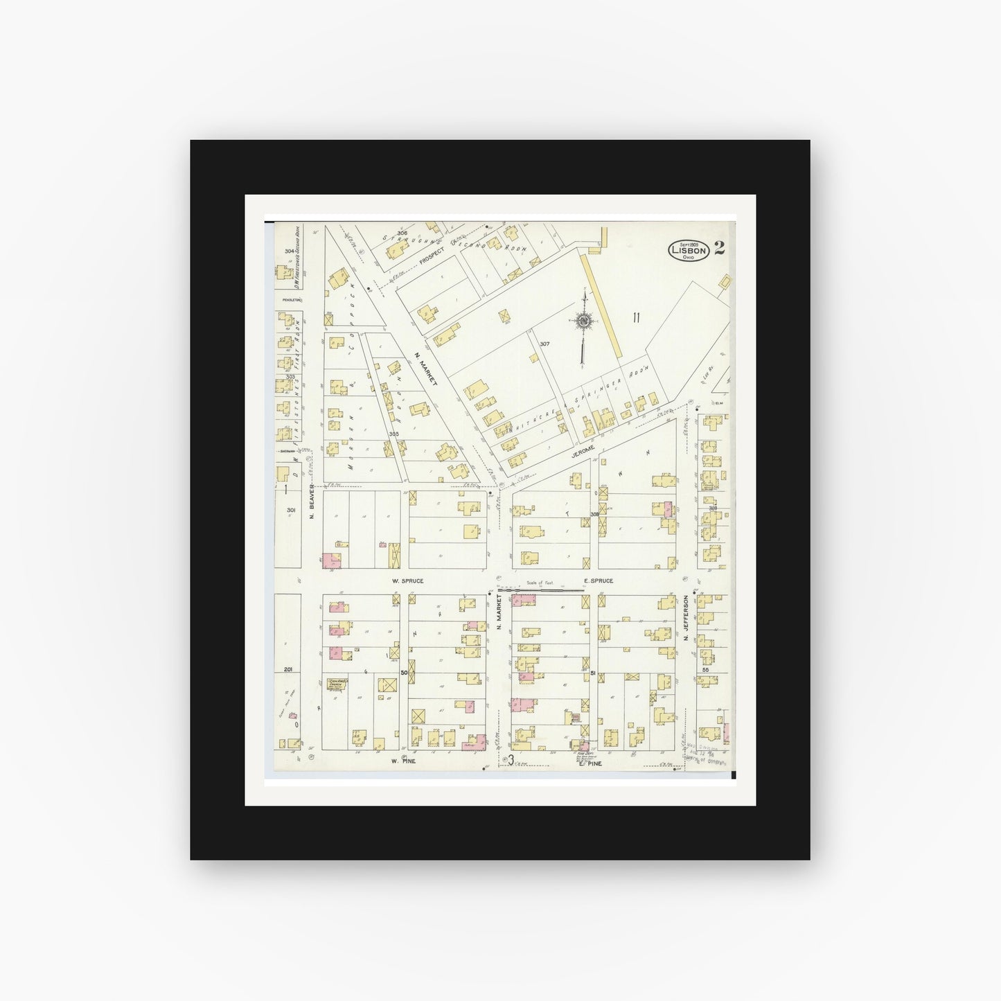 Old map wall art mockup — black gallery frame with white mat — Sanborn Fire Insurance Map from Lisbon, Columbiana County, Ohio (1909), Sheet #0002