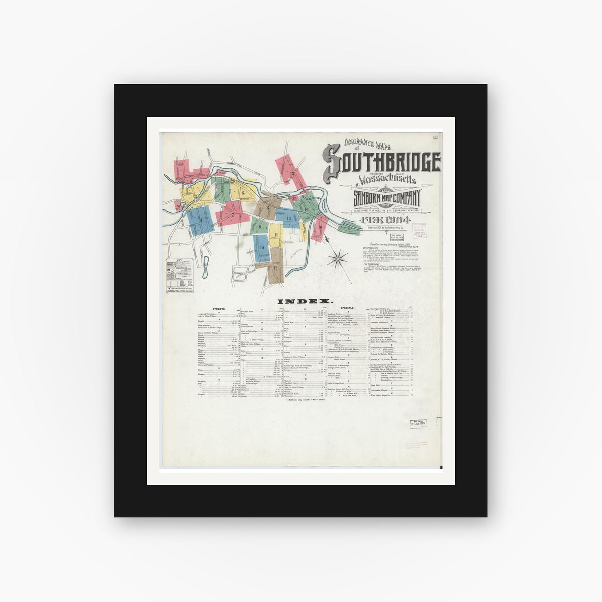 Old map wall art mockup — black gallery frame with white mat — Sanborn Fire Insurance Map from Southbridge, Worcester County, Massachusetts (1904) - Complete Map Set