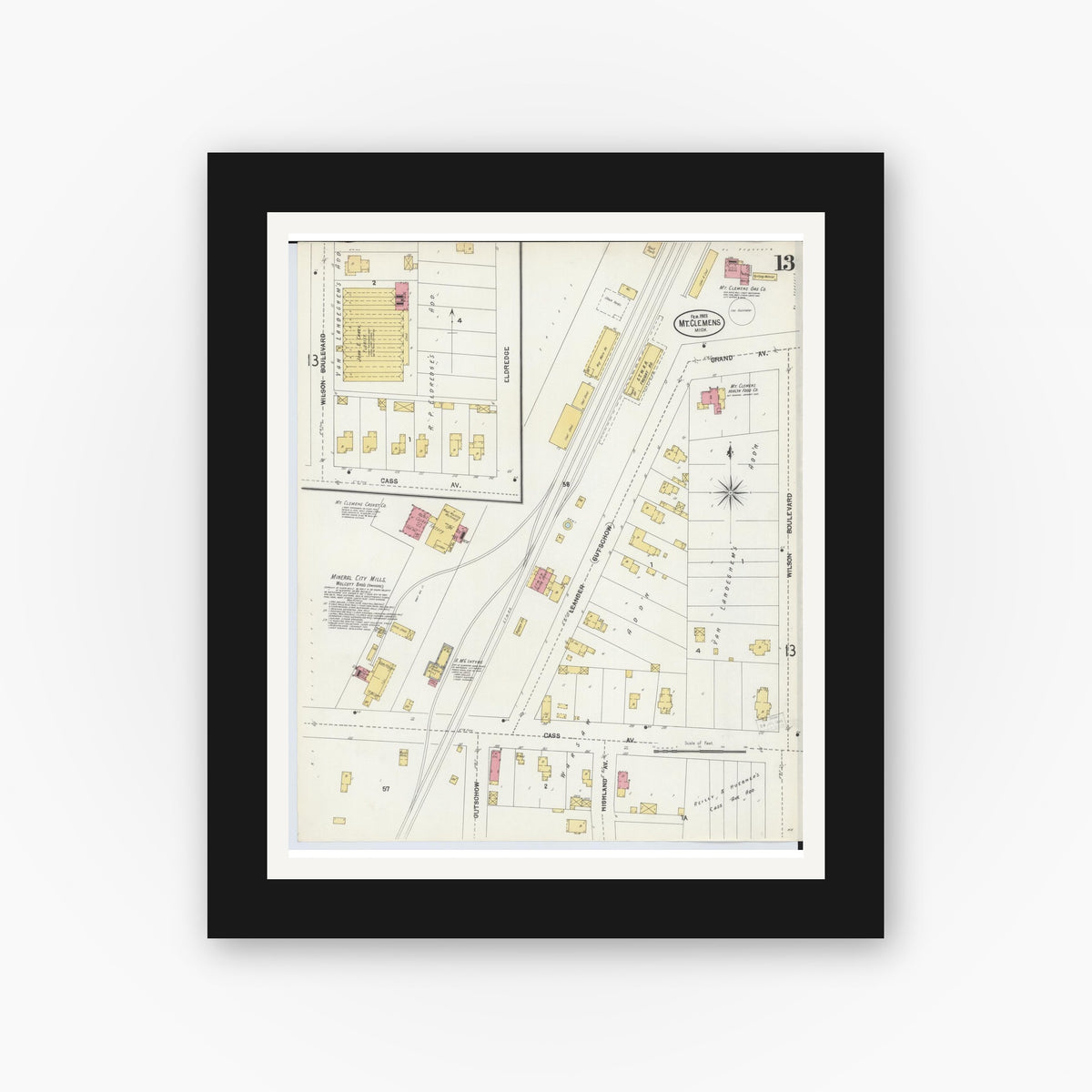 Old map wall art mockup — black gallery frame with white mat — Sanborn Fire Insurance Map from Mount Clemens, Macomb County, Michigan (1903), Sheet #0013