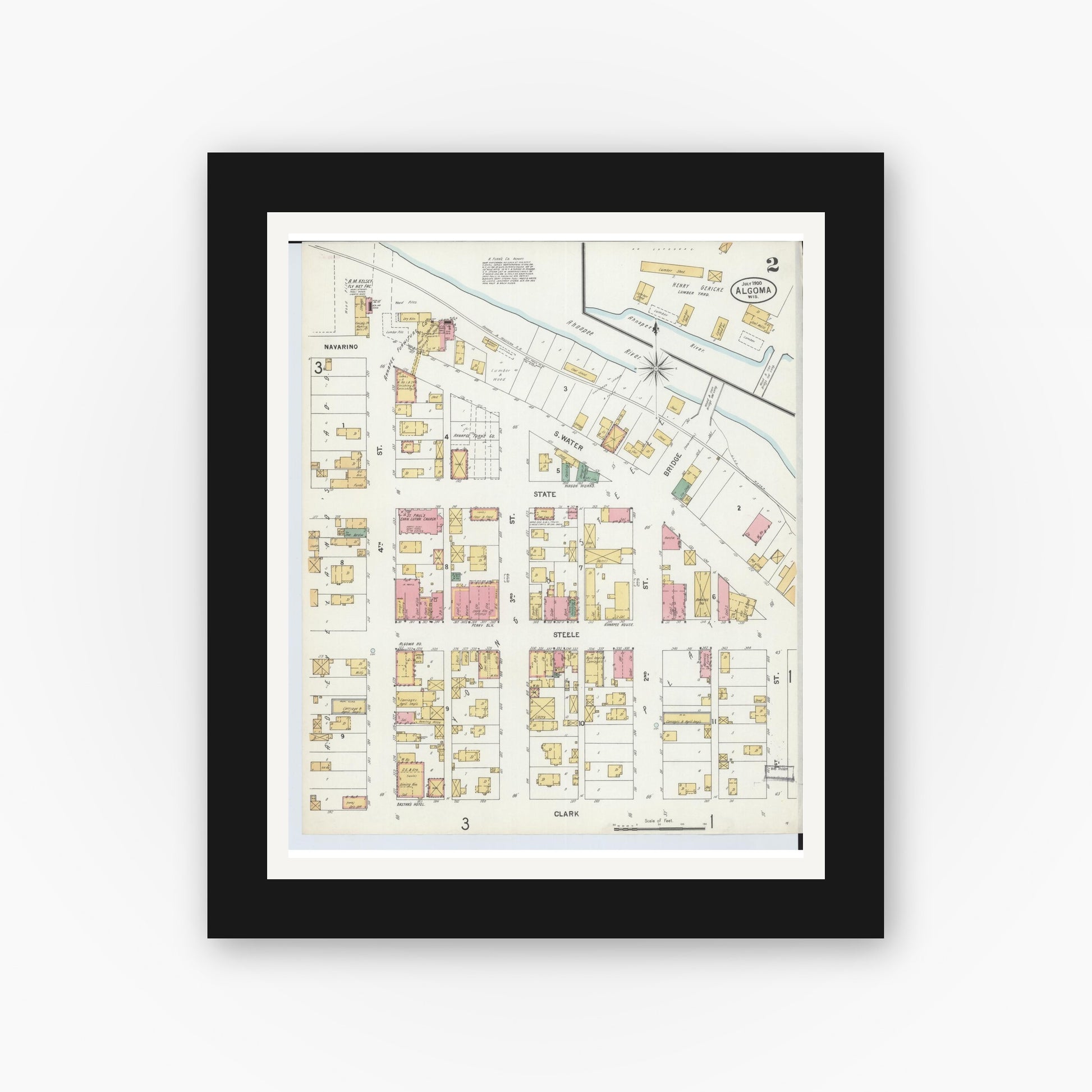 Old map wall art mockup — black gallery frame with white mat — Sanborn Fire Insurance Map from Algoma, Kewaunee County, Wisconsin (1900), Sheet #0002