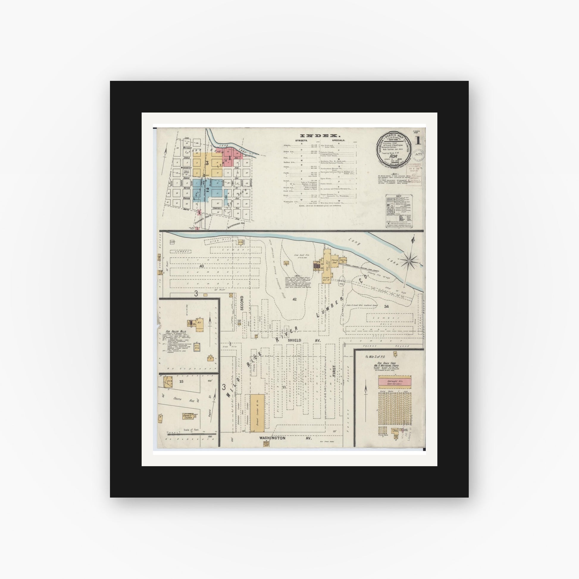 Old map wall art mockup — black gallery frame with white mat — Sanborn Fire Insurance Map from Ada, Norman County, Minnesota (1899) - Complete Map Set