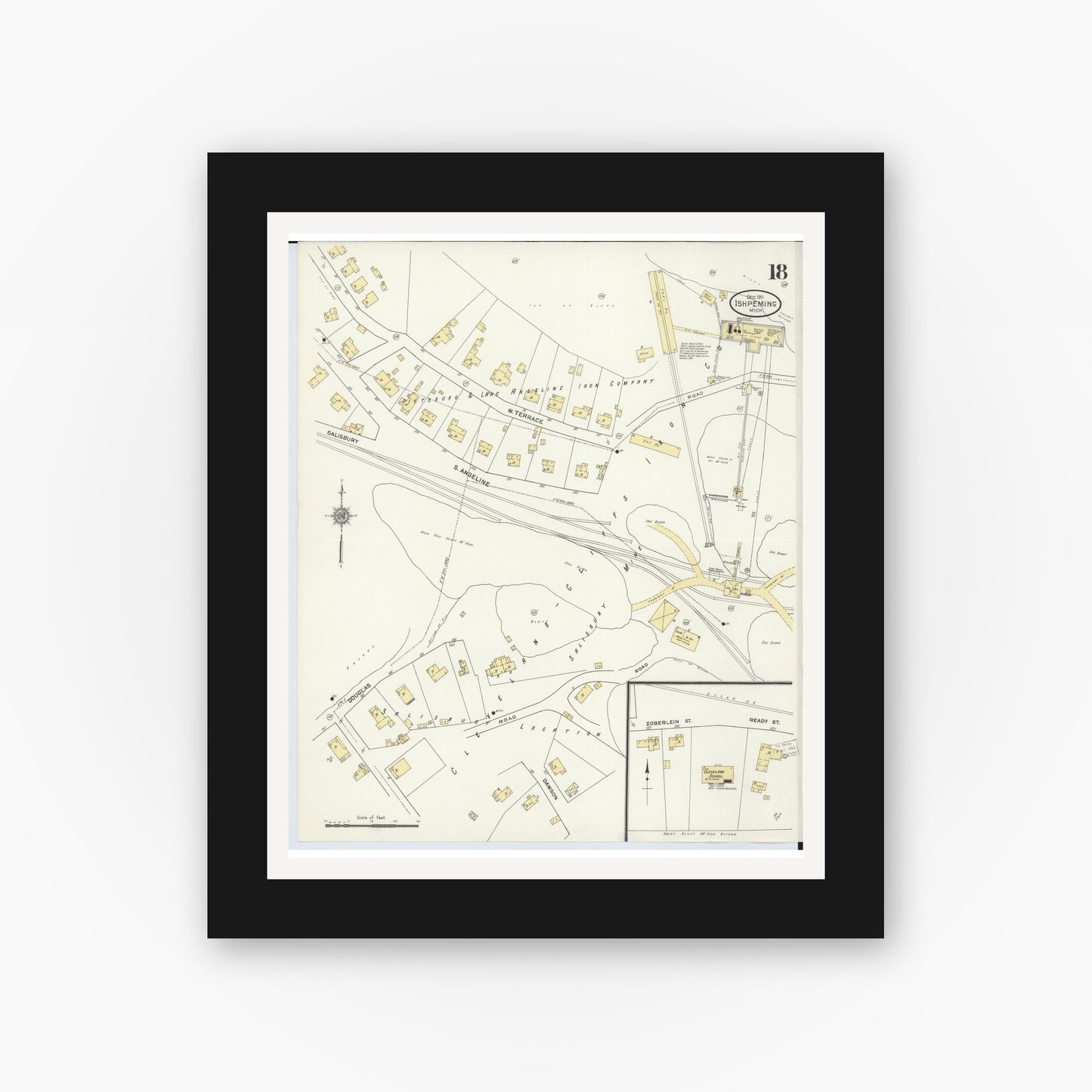 Old map wall art mockup — black gallery frame with white mat — Sanborn Fire Insurance Map from Ishpeming, Marquette County, Michigan (1911), Sheet #0018
