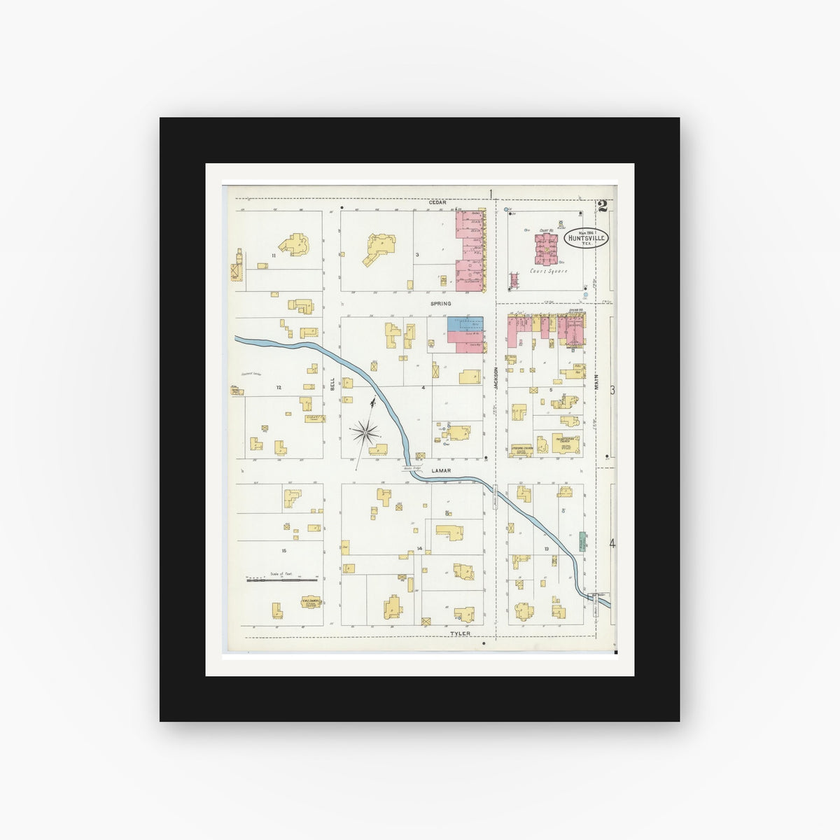 Old map wall art mockup — black gallery frame with white mat — Sanborn Fire Insurance Map from Huntsville, Walker County, Texas (1906), Sheet #0002