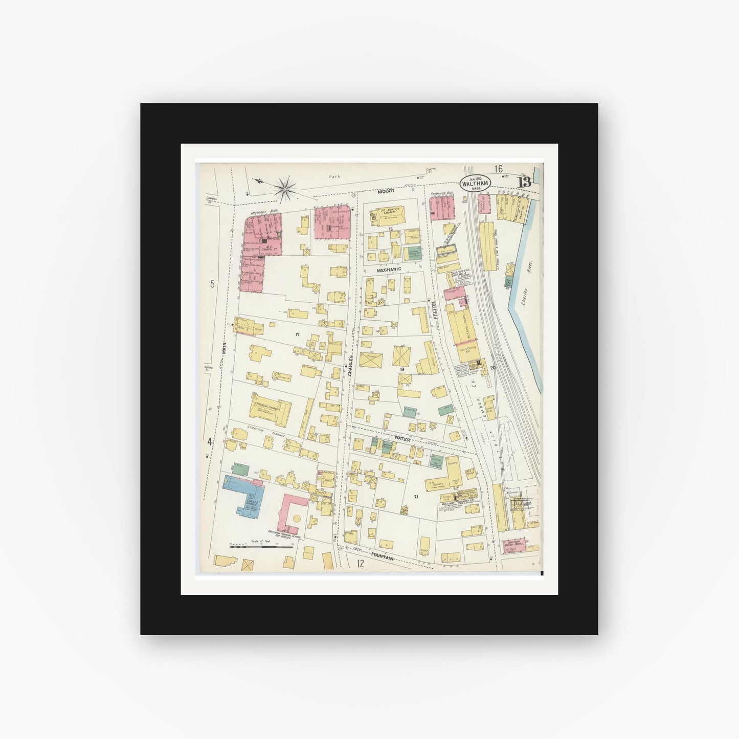 Old map wall art mockup — black gallery frame with white mat — Sanborn Fire Insurance Map from Waltham, Middlesex County, Massachusetts (1903), Sheet #0013