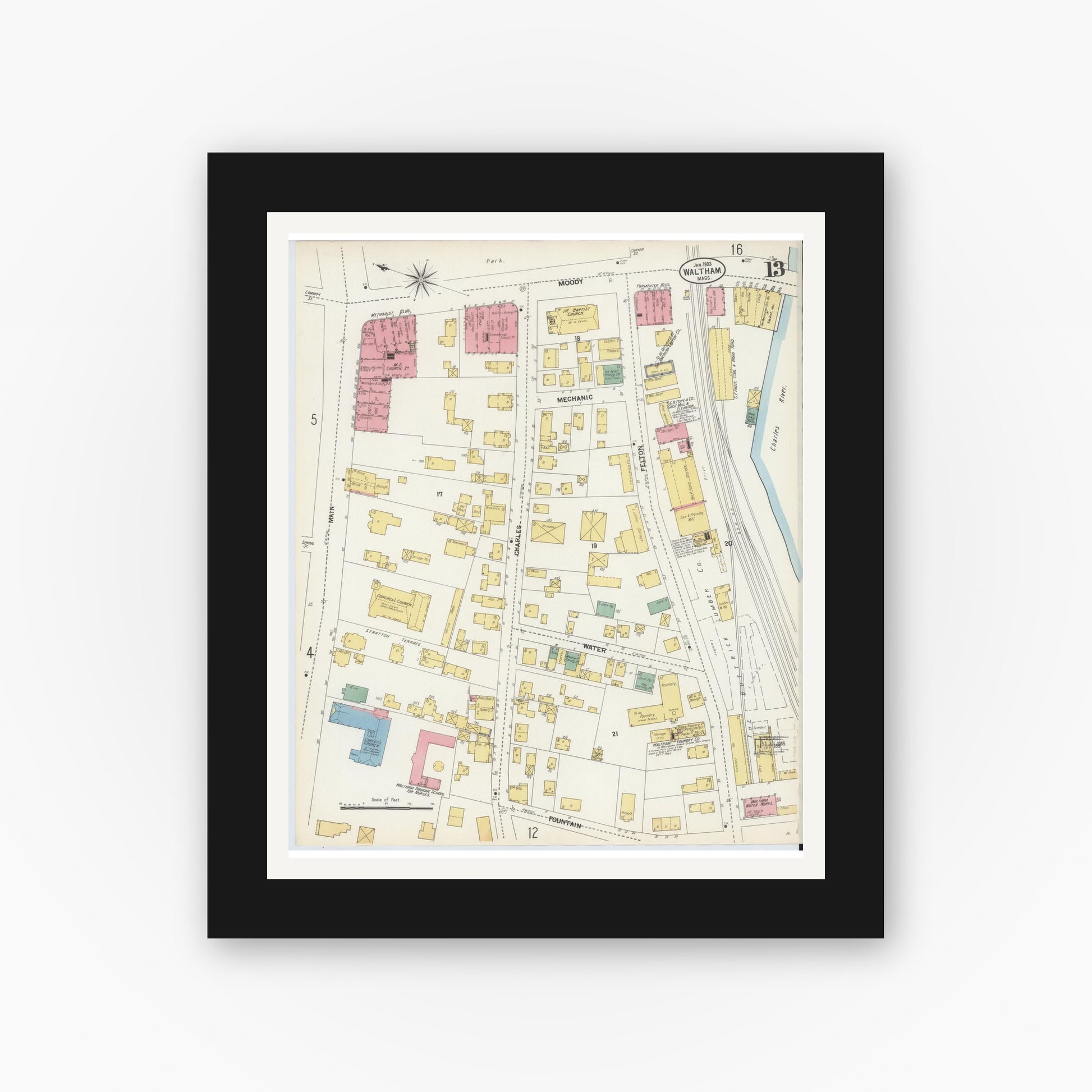 Old map wall art mockup — black gallery frame with white mat — Sanborn Fire Insurance Map from Waltham, Middlesex County, Massachusetts (1903), Sheet #0013