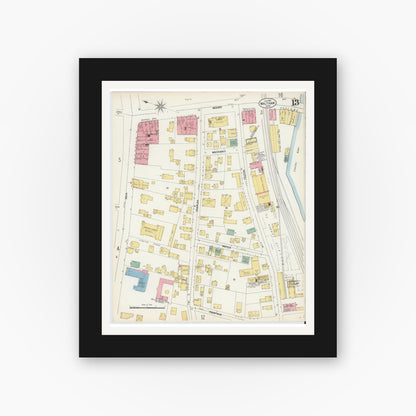 Old map wall art mockup — black gallery frame with white mat — Sanborn Fire Insurance Map from Waltham, Middlesex County, Massachusetts (1903), Sheet #0013