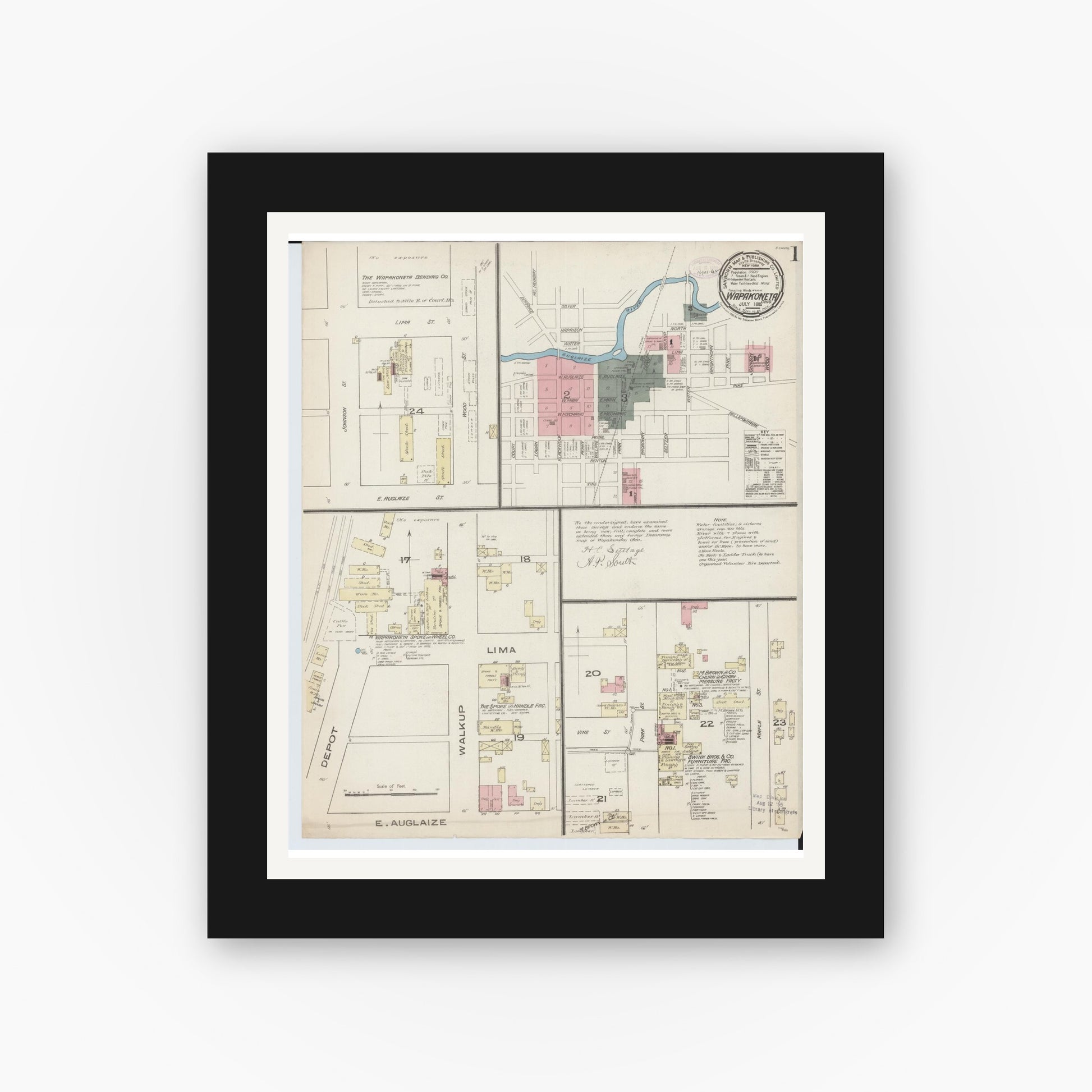 Old map wall art mockup — black gallery frame with white mat — Sanborn Fire Insurance Map from Wapakoneta, Auglaize County, Ohio (1885) - Complete Map Set