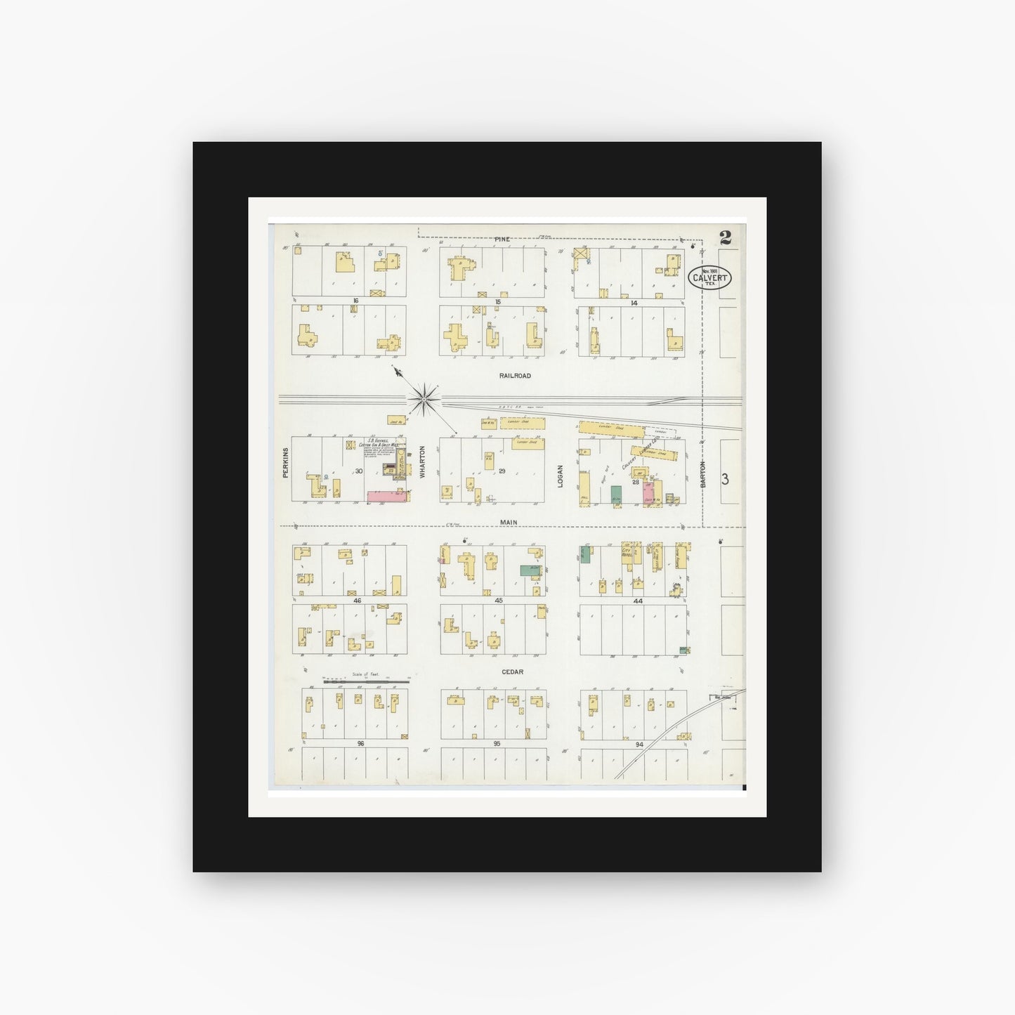 Old map wall art mockup — black gallery frame with white mat — Sanborn Fire Insurance Map from Calvert, Robertson County, Texas (1901), Sheet #0002
