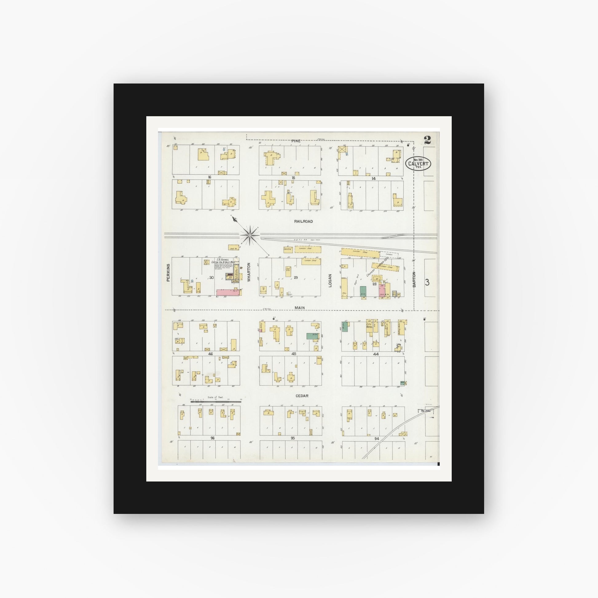 Old map wall art mockup — black gallery frame with white mat — Sanborn Fire Insurance Map from Calvert, Robertson County, Texas (1901), Sheet #0002